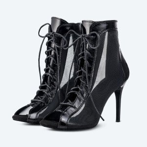 Glam Heels – чорні хілси з натуральної шкіри з сітчастою вставкою (9 см)