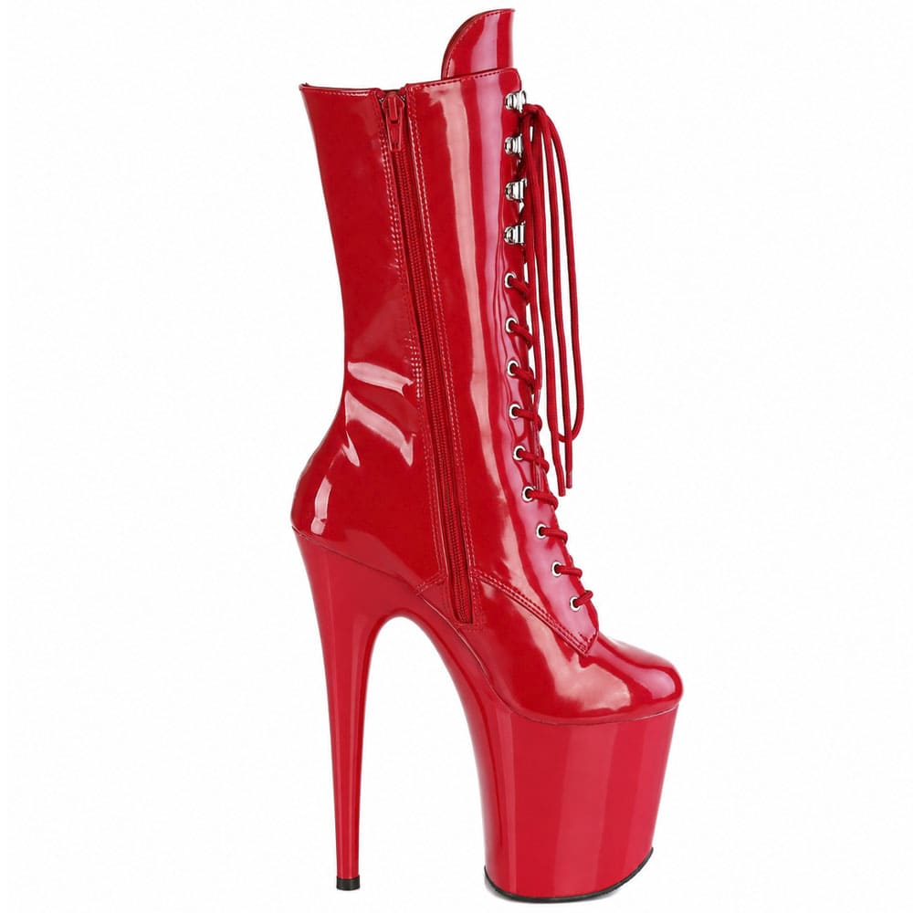 Pleaser Flamingo-1050 – Червоні лаковані високі чоботи на шнурівці (каблук 20 см) - 5