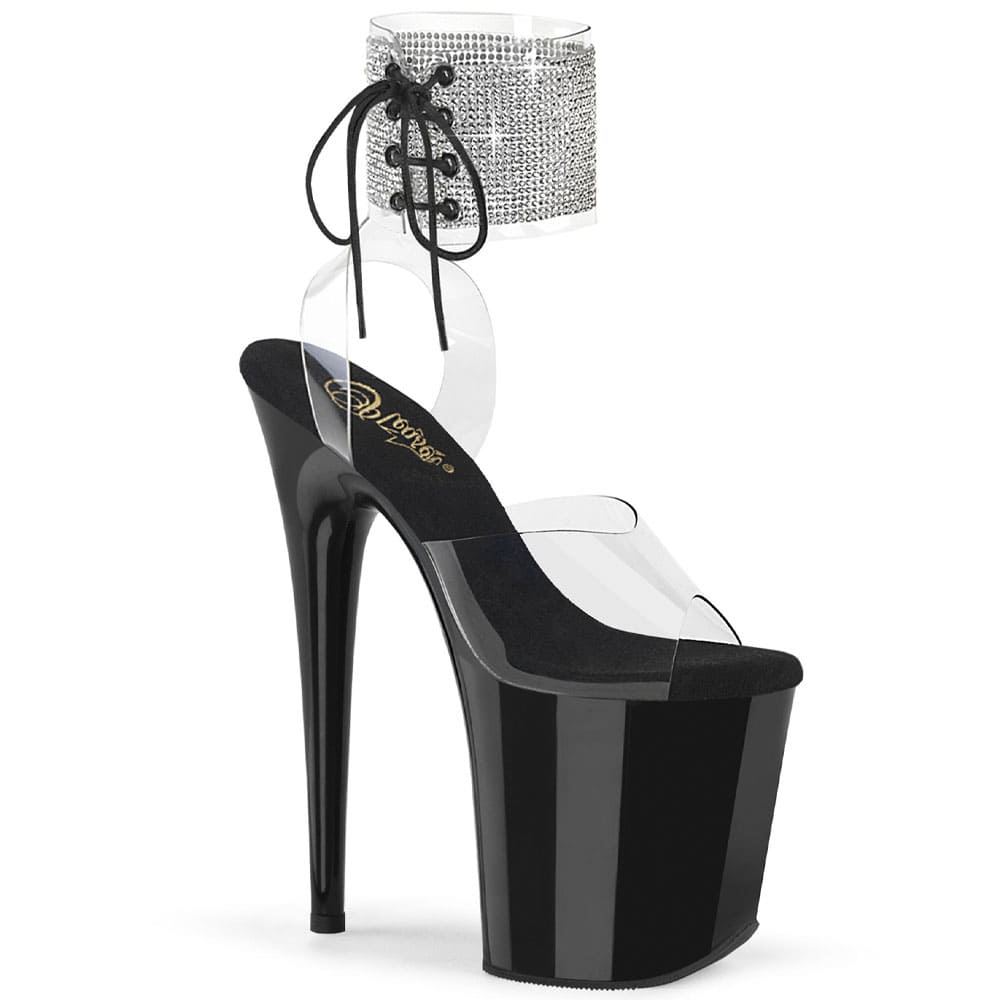 Pleaser Flamingo-891-2RS – Чорні босоніжки зі стразами та шнурівкою (каблук 20 см) - 1