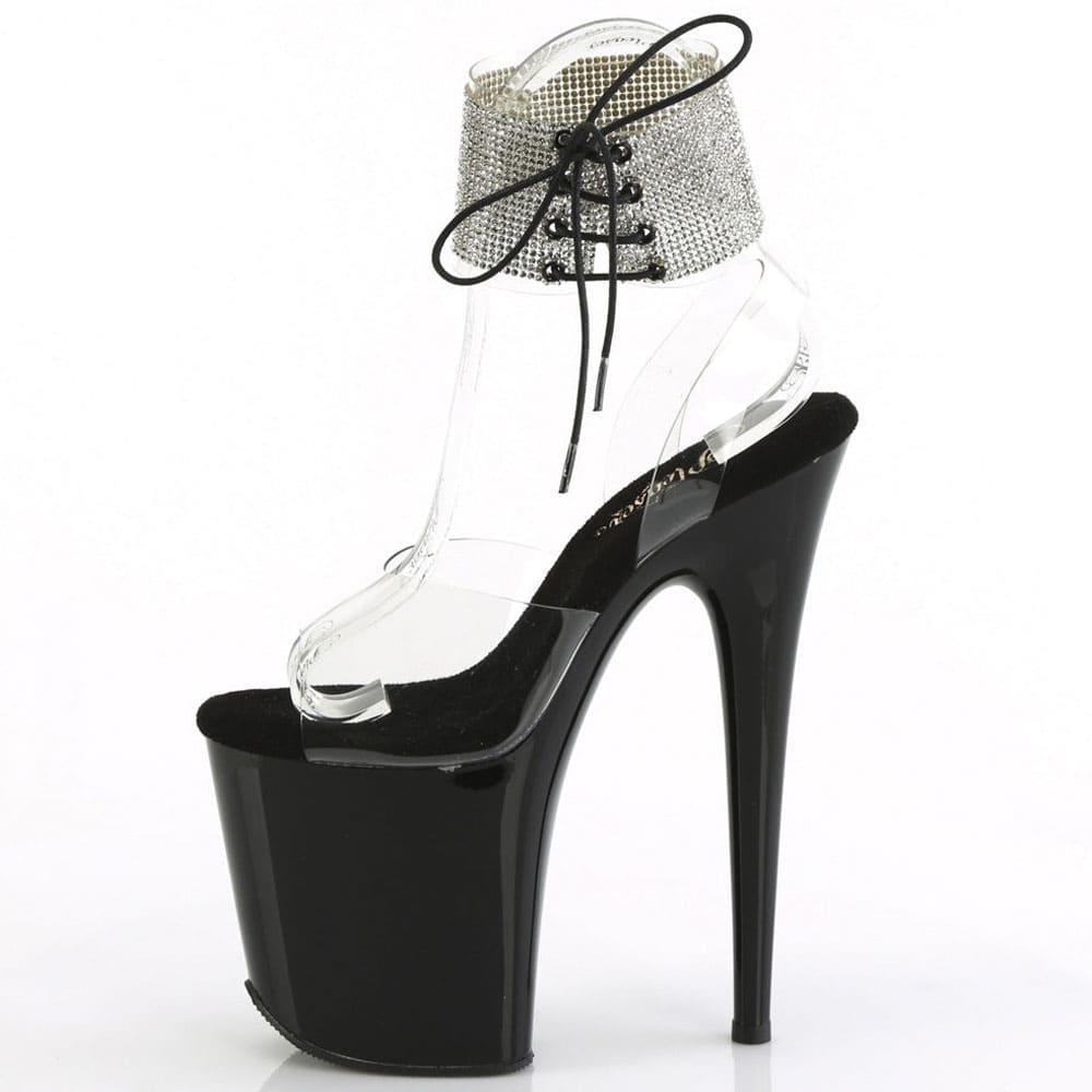 Pleaser Flamingo-891-2RS – Чорні босоніжки зі стразами та шнурівкою (каблук 20 см) - 4