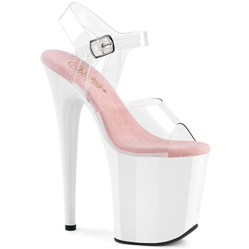 Pleaser Flamingo-808 – Белые босоножки с розовой стелькой (каблук 20 см)