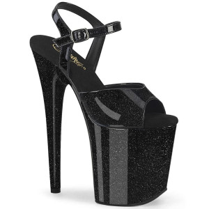 Pleaser Flamingo-809GP – Черные лакированные босоножки с блестками (каблук 20 см)