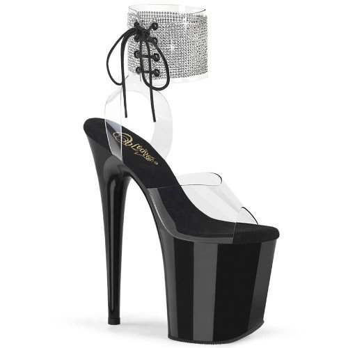 Pleaser Flamingo-891-2RS – Черные босоножки со стразами и шнуровкой (каблук 20 см)