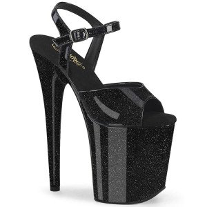 Pleaser Flamingo-809GP – Чорні лаковані босоніжки з блискітками (каблук 20 см)