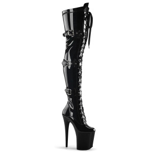Pleaser Flamingo-3028 - Черные лакированные ботфорты (каблук 20 см)